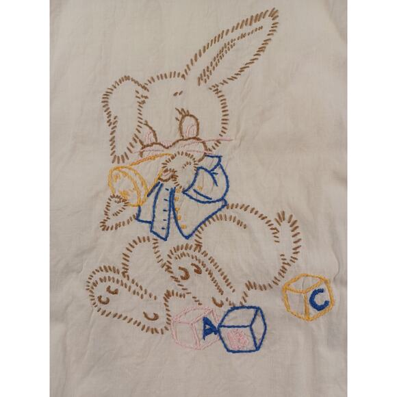 Vintage Embroidered Handmade Bunny Baby Padding Retro Blue Cushion ABC - Picture 2 of 6